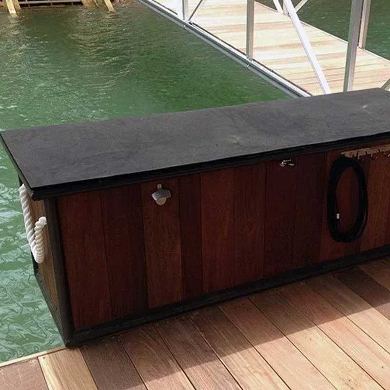Brown seating and storage on dock