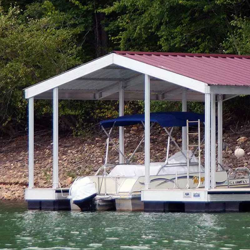 Covered boat slip with red roof